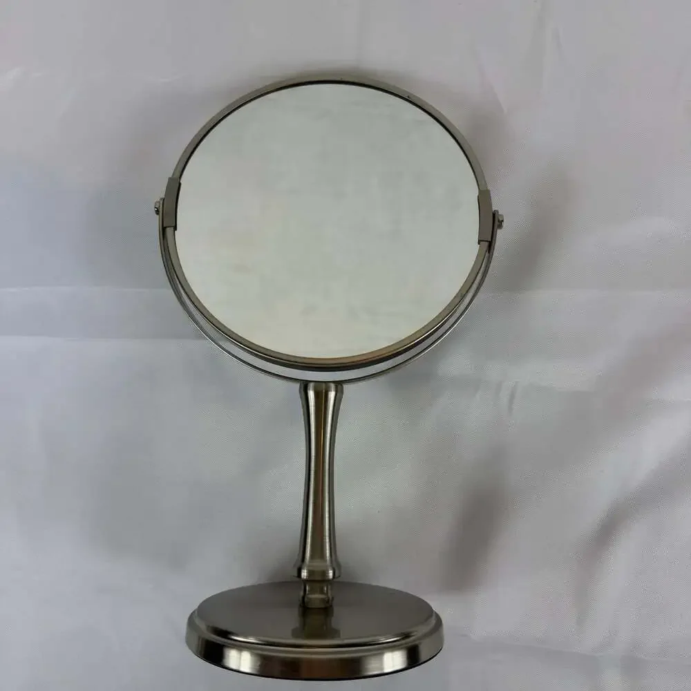 Dual-sided magnifying vanity mirror 12” Tall Chrome/silver Finish Round Base